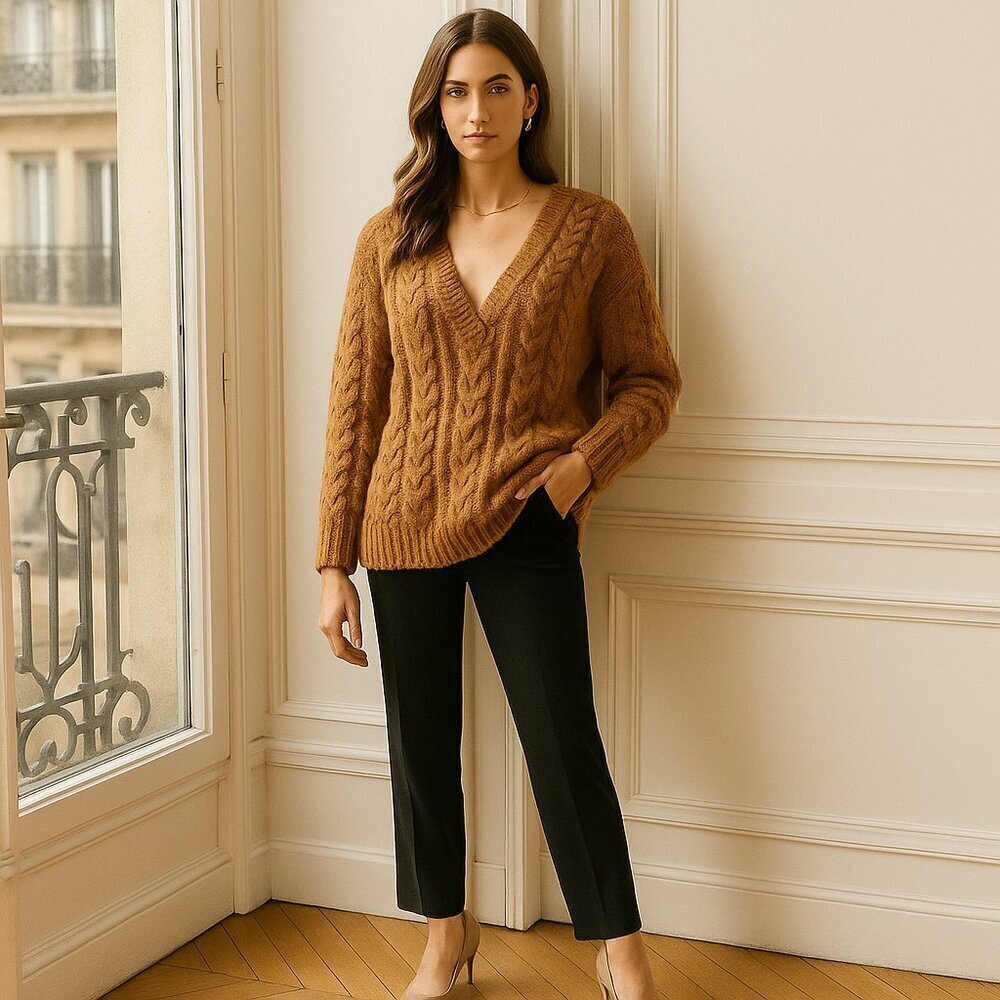 Mes Demoiselles Paris Wool Mohair Cableknit V Neck Oversized Sweater in Caramel